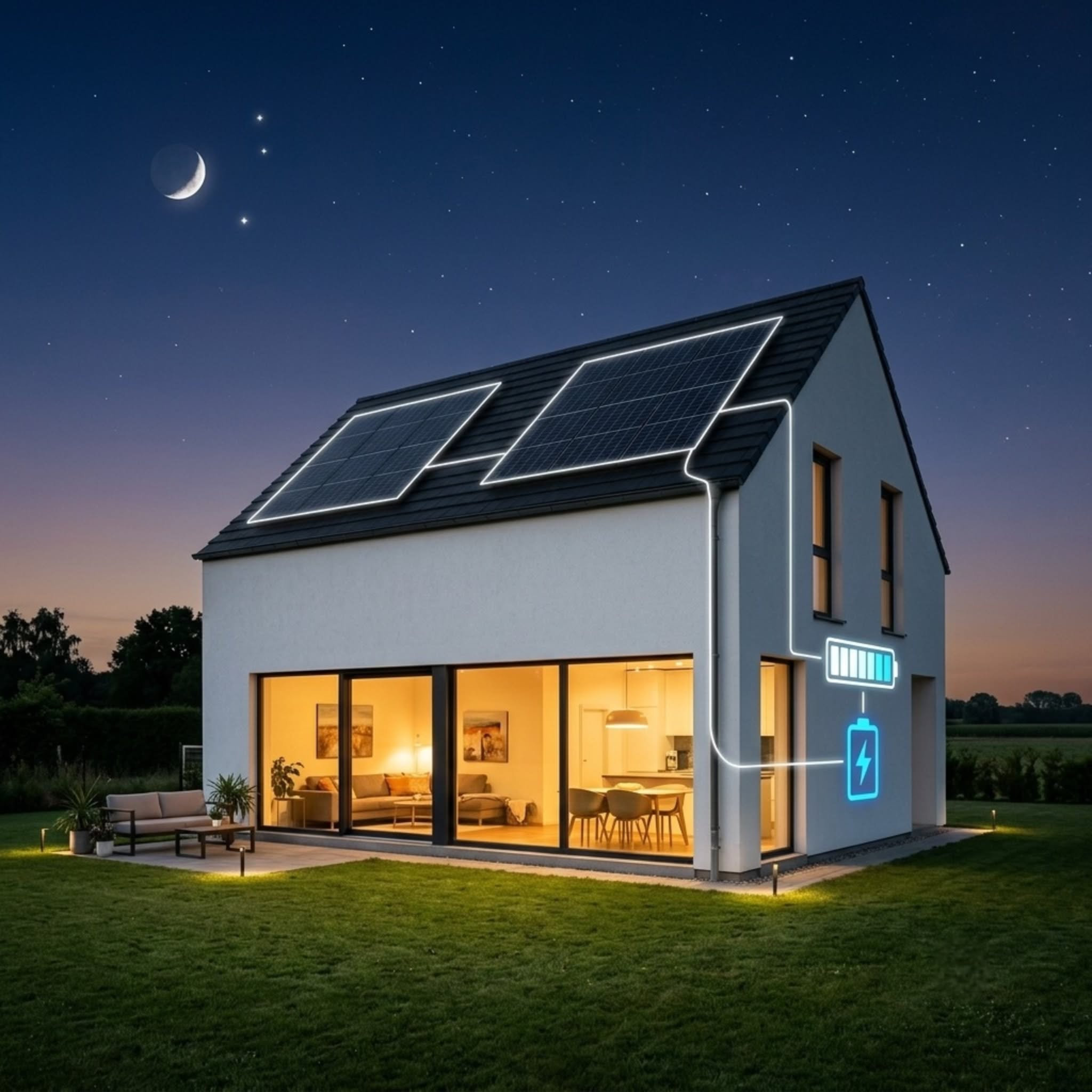 Verlicht huis 's nachts met zonnepanelen en een opgeladen thuisbatterij
