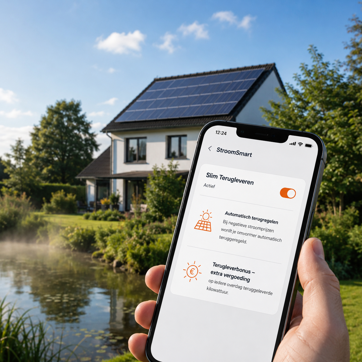 Hand met telefoon die de StroomSmart-app 'Slim Terugleveren' toont, voor een woning met zonnepanelen